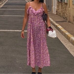 H&M Purple and Pink Midi floral Sundress with ruffle neckline